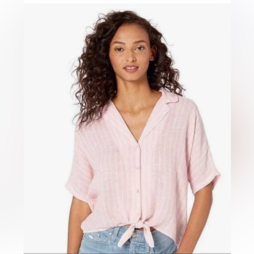 Rails Marley Peach Stripe Button Up Linen Knot Cropped Top Blouse Size S